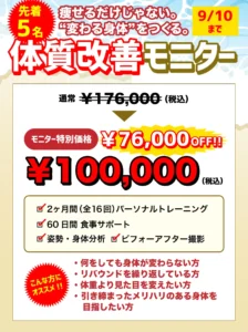 Japanese ad for a body-shaping program: first 5 spots, price ¥100,000 (tax included) after ¥76,000 OFF from ¥176,000; features include 2 months/16 sessions of personal training, 60 days meal support, posture/body analysis, and before/after photography.